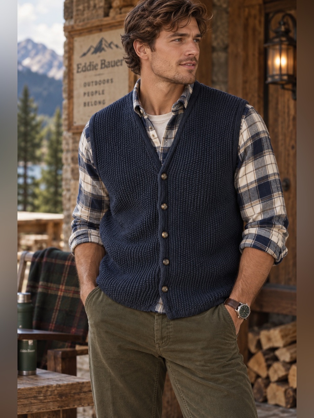 Eddie Bauer Vintage Navy Blue Chunky Knit Sweater Button Down Vest Men’s Preppy